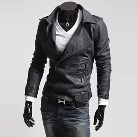 Black Turndown Collar Asymmetrical Zipper Leather Jacket Fashion